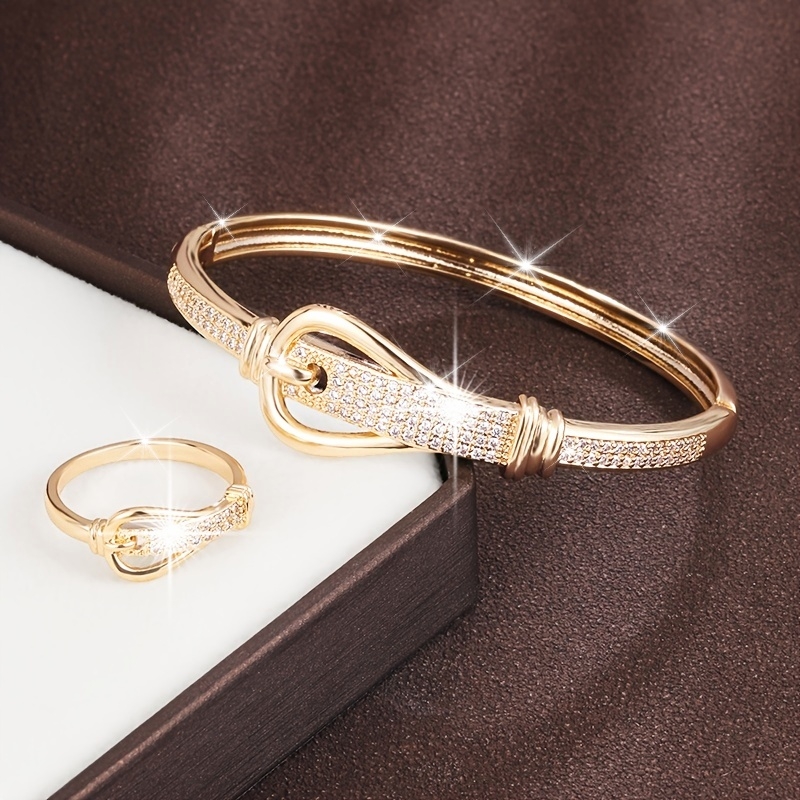 Stylish Buckle Zirconia Copper Bracelet & Ring Set